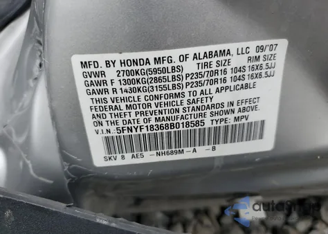 2008 Honda Pilot Se из США, поврежденный, VIN 5FNYF18368B018585